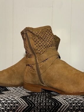 JustFab Tan Perforated Suede Ankle Booties